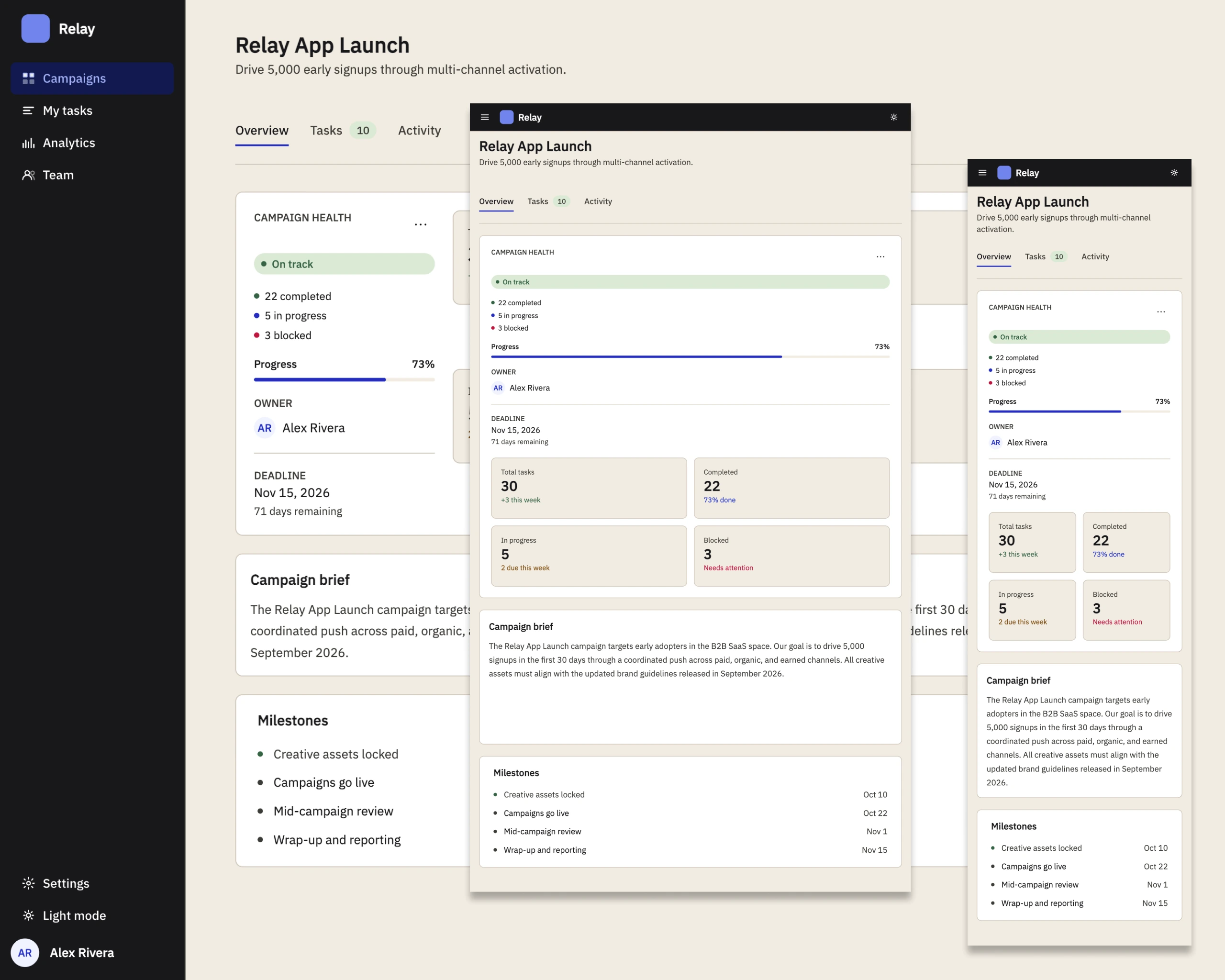 Relay campaign overview recomposed across desktop, tablet, and mobile layouts.
