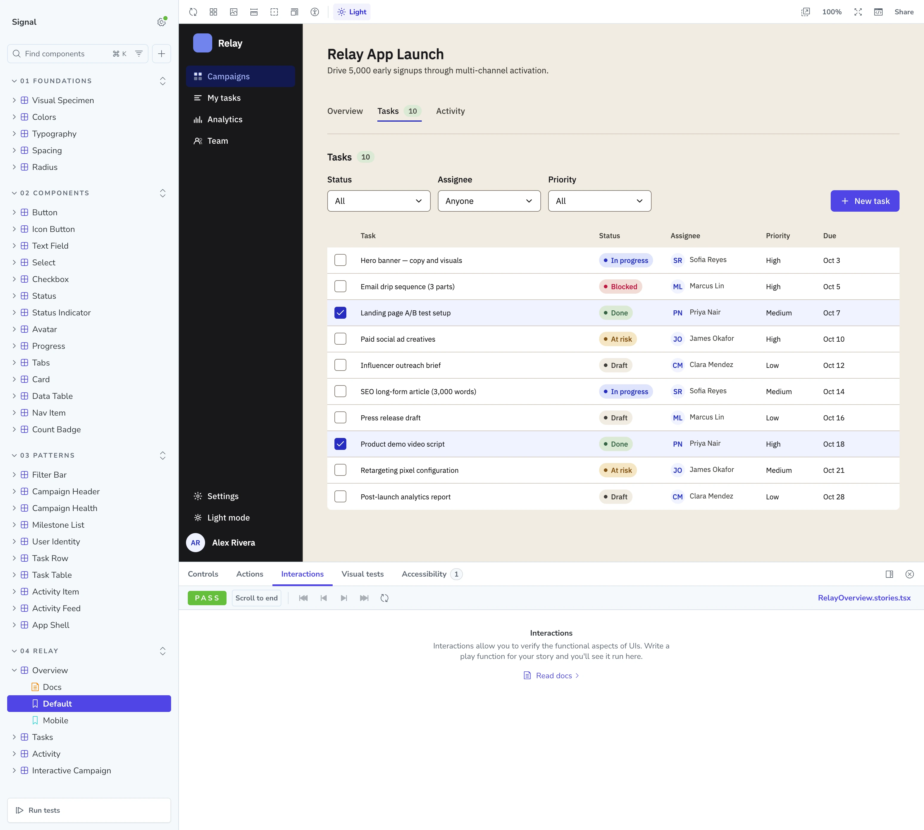 Relay Tasks interface running in Storybook alongside Signal’s component catalog and interaction-test results.