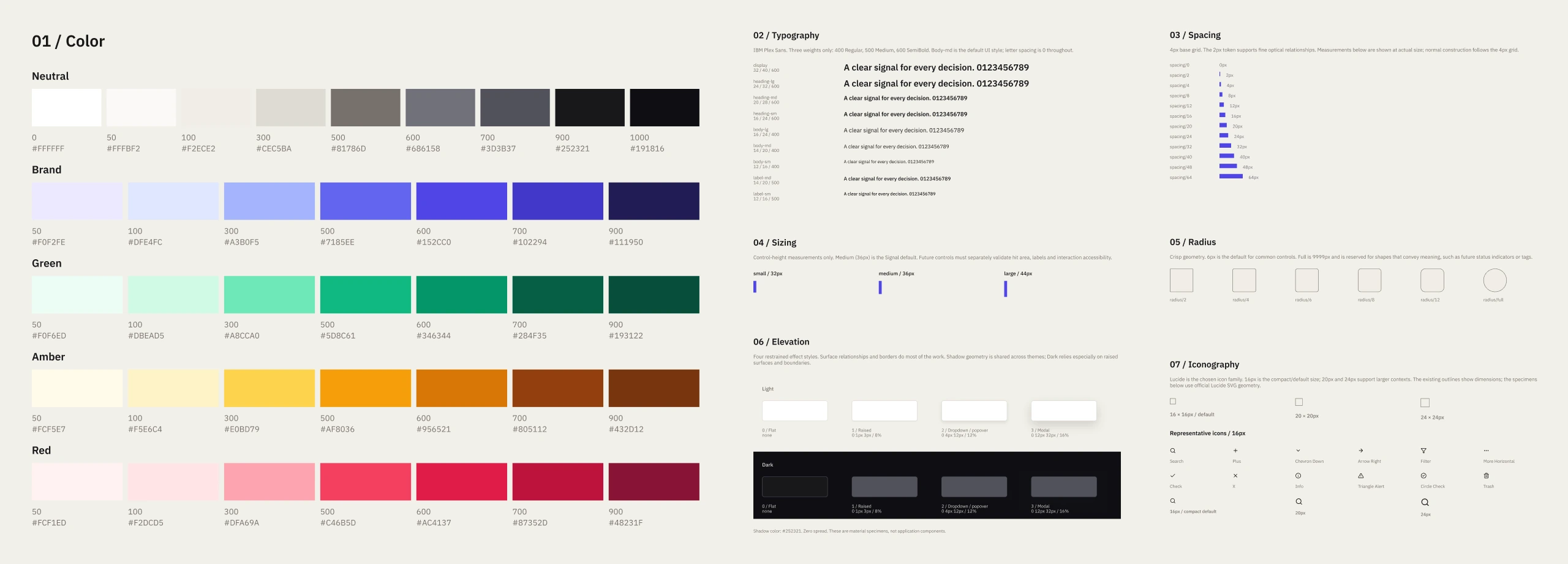 Signal foundations showing color, typography, spacing, sizing, radius, elevation, and iconography